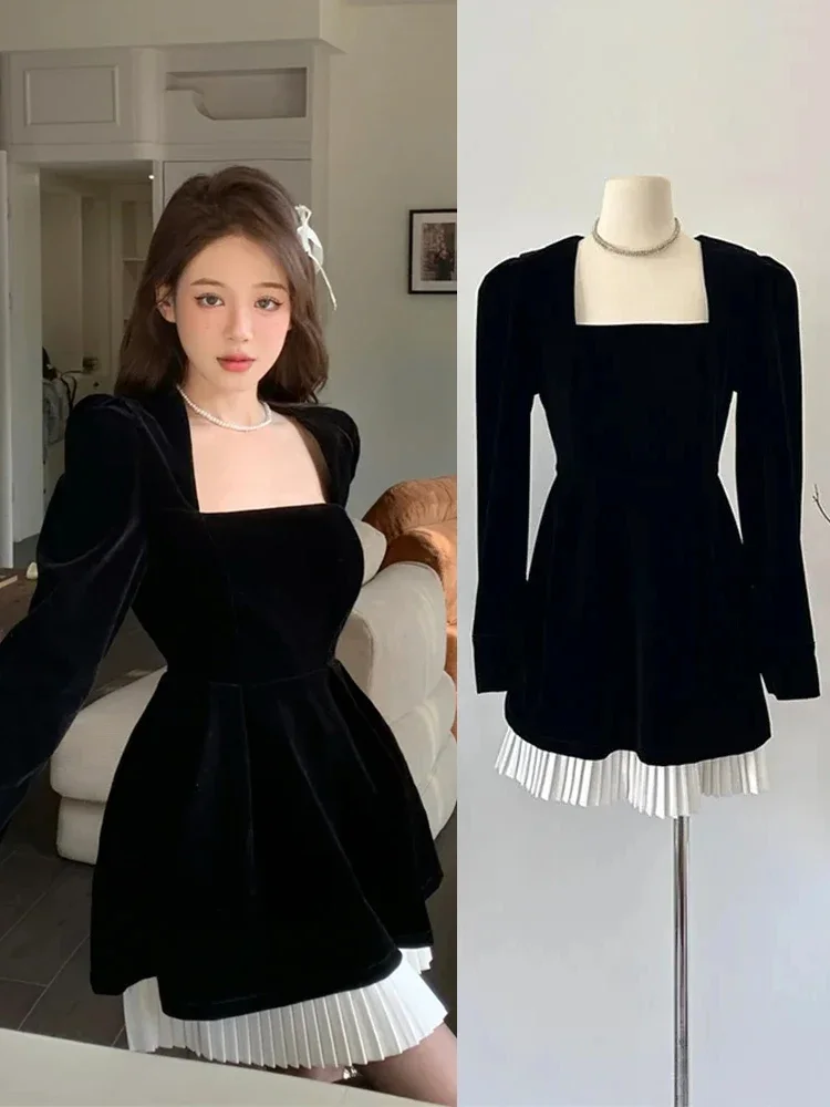 

Women Dress Patchwork Square Collar 2024 Spring Fashion Slim A-Line Vintage French Elegant Skirt Female Puff Sleeve Dress B96