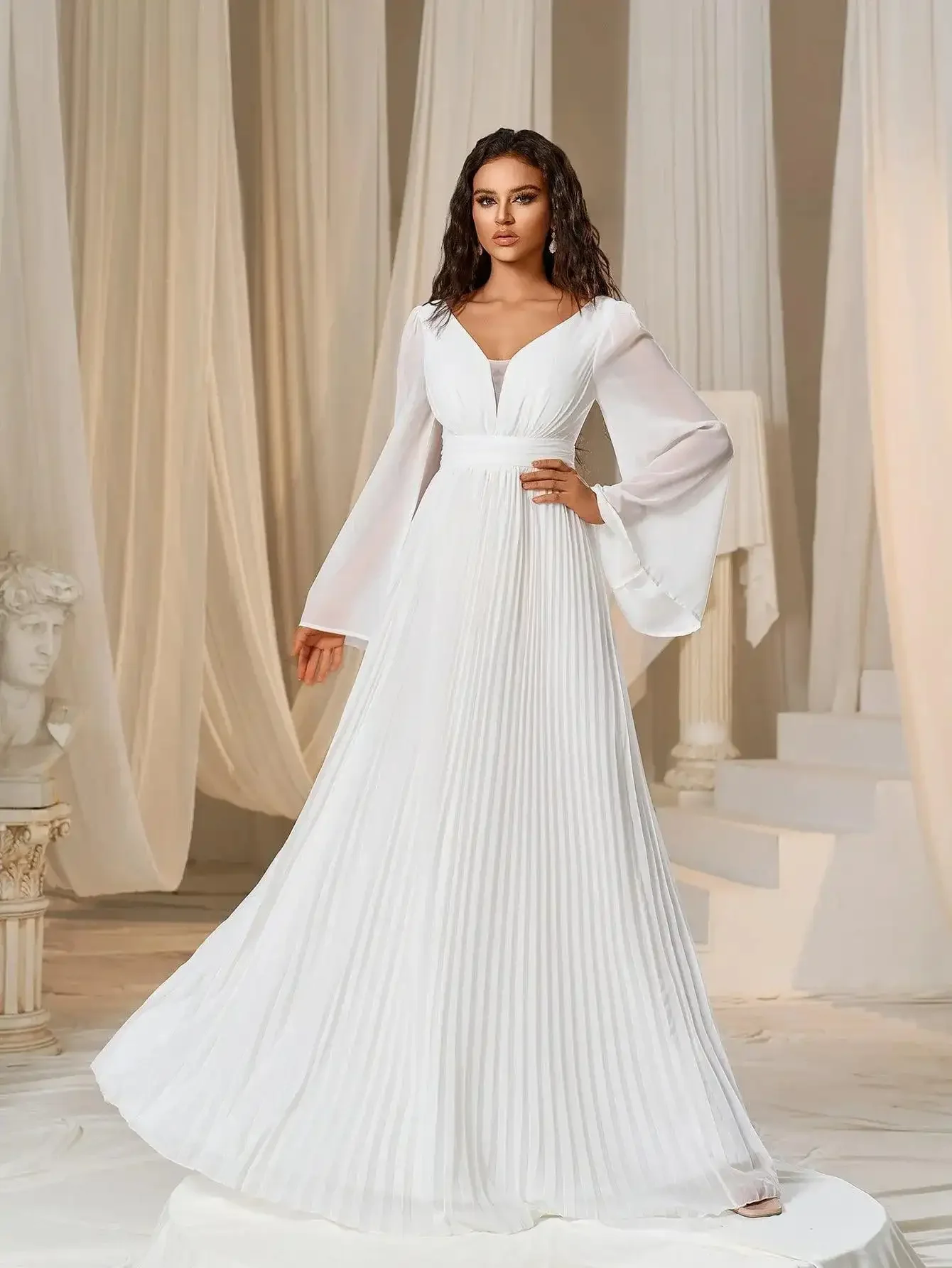 Plunging Neck Flared Sleeves Pleated Chiffon Party Dress&Evening Dress