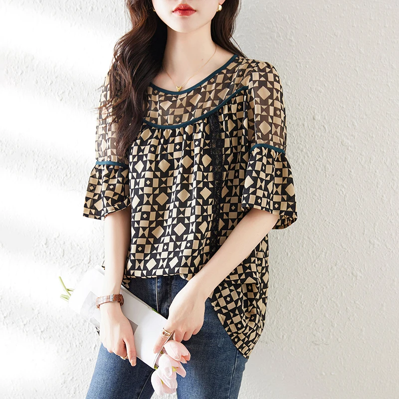 2023 Women\'s Silk O-Neck Flare Sleeve Shirt Summer New Geometric Print Short Sleeve Top Loose Large Slim Long T-shirt