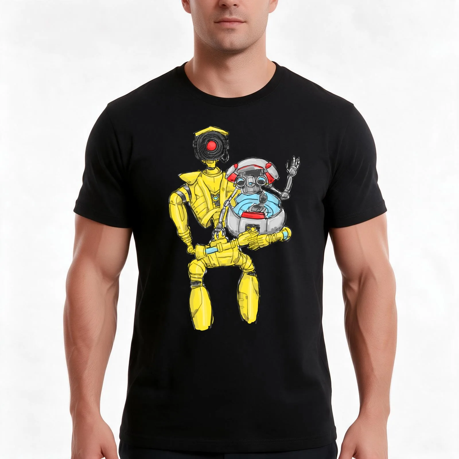 loader bot & gortys T-Shirt, Summer Casual Cotton Tee, Oversized Streetwear Tops, Vintage Graphic Print, Loose Fit Short Sleeve