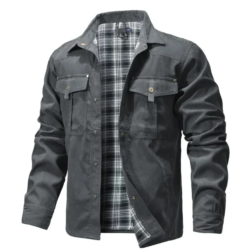 Harajuku Men's Jackets Flannel Lined Shirt Coat Casual Snap Button Overshirt Western Cowboy Style High Quality Autumn Winter