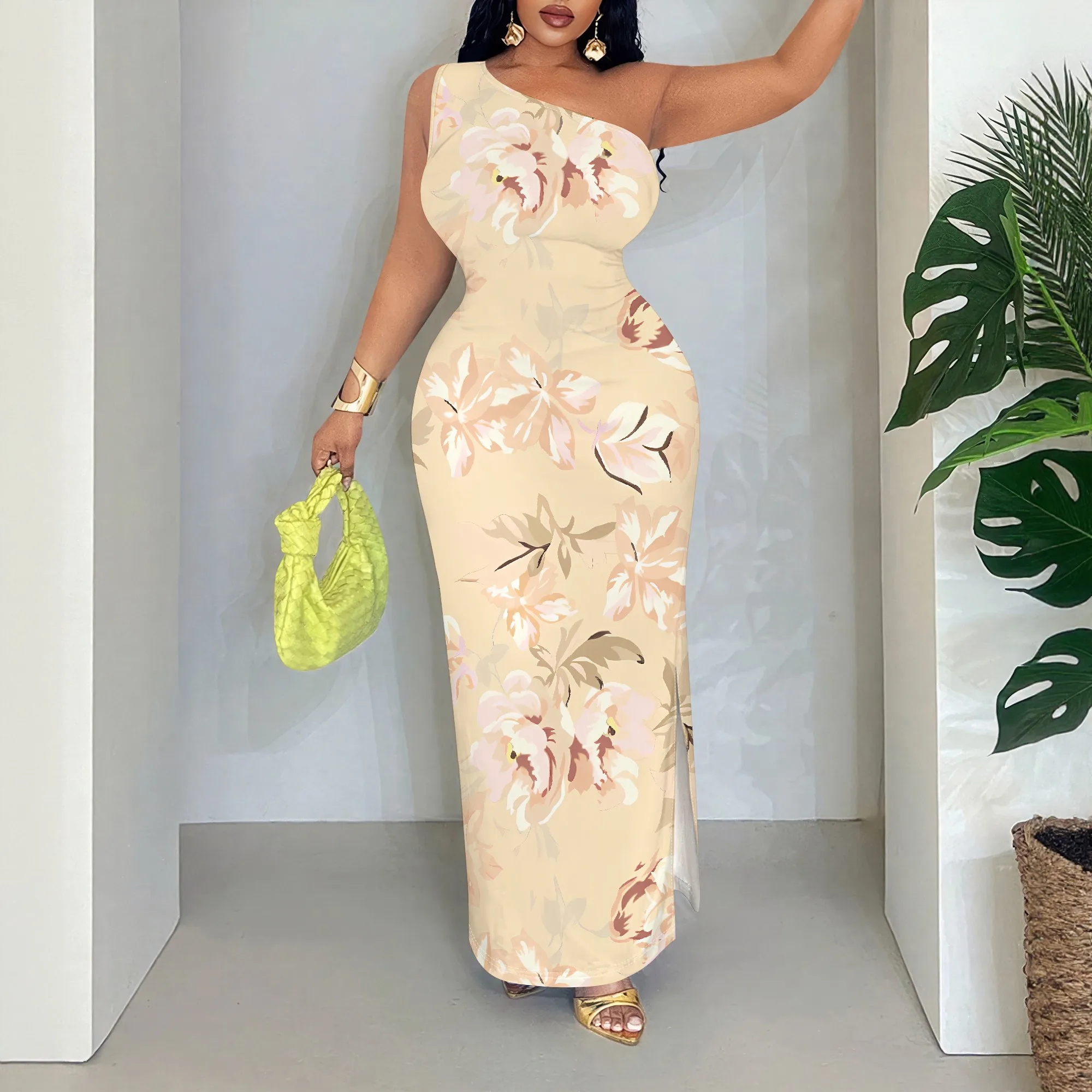 

Floral One Shoulder Maxi Dress, Sleeveless Bodycon Gown, Elegant Party Evening Wear, S-2XL