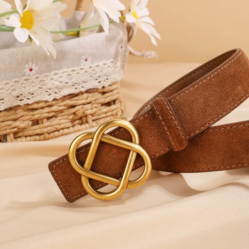 Trendy Women Belt Genuine Leather Strap with Cross Flower Buckle for Pants Fashion Accessory