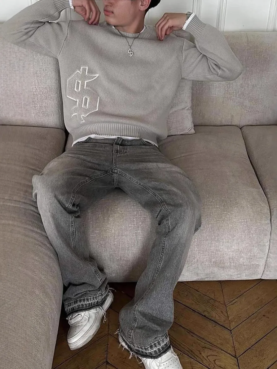 

Вязаный длинный свитер в стиле ретро, круглый свитер Ne, мужской свободный крой, теплая уличная одежда, повседневный удобный осенне-зимний топ Y2K Sle