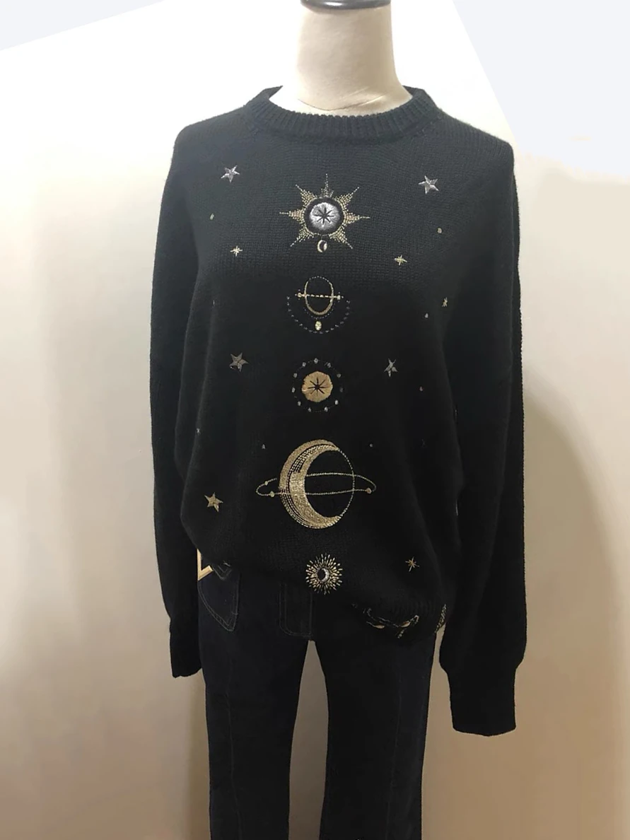 Design Starry Sky Embroidery Sweater High-End 2024 New Autumn Winter Loose Jumper Women Sweater Pullover Knit Top Runway C-055