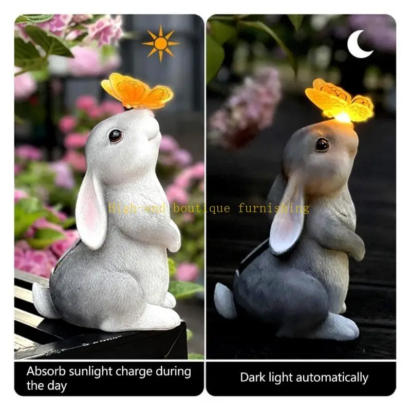 L9NB Garden Statue Dog Rabbit with Solar Butterfly Light for Patio Yard Ornaments