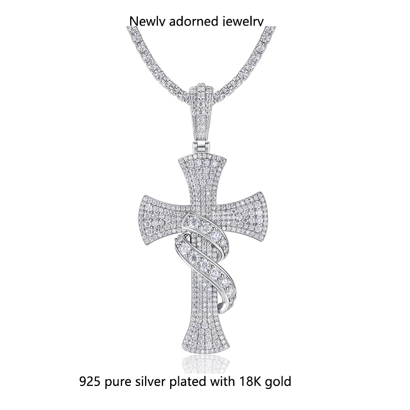

S925 sterling silver cross pendant necklace with full-set moissanite, new hip-hop style, tennis chain
