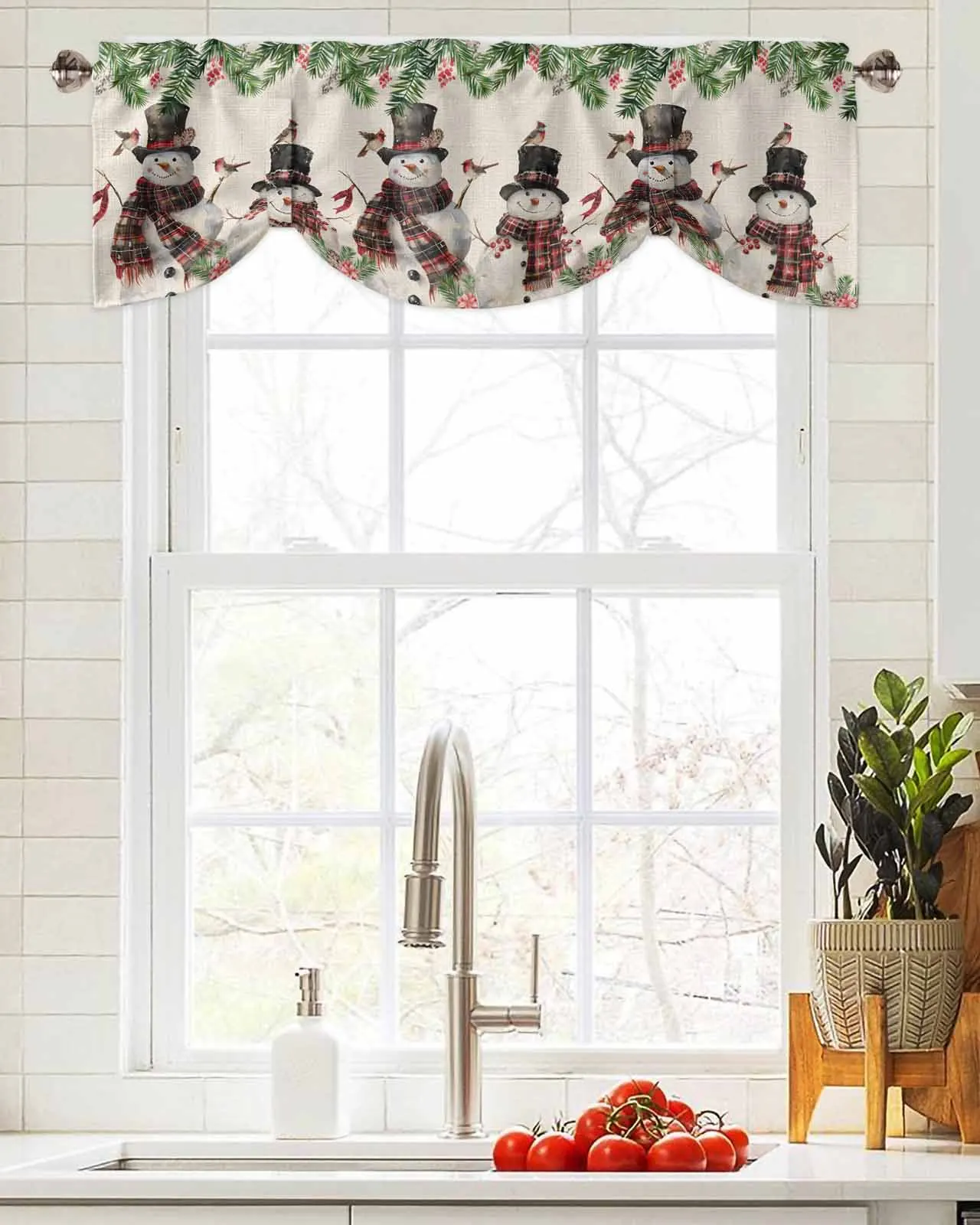 

Christmas Snowman Red Sparrow Berries Window Curtain Living Room Kitchen Cabinet Tie-up Valance Curtain Rod Pocket Valance