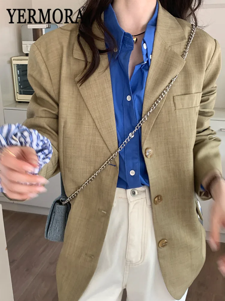 

Женский повседневный блейзер YERMORA цвета хаки на пуговицах с лацканами, длинными рукавами, свободного кроя, новая модная куртка, тренд весна-осень 2026