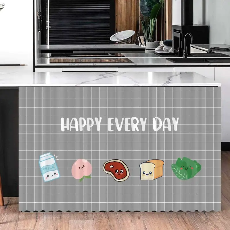 VIKAMA Grey Grid Milk Peach Cartoon Magic Tape Counter Curtain No Drill Sink Cabinet Dust Cover Kitchen Decor