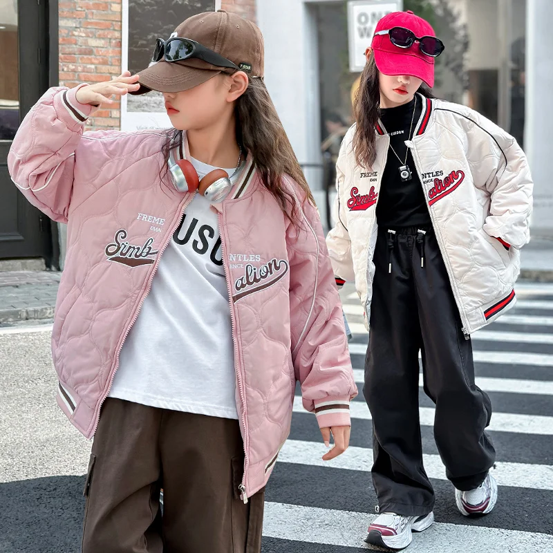 autumn winter teen girls Thick cotton baseball jacket pink Beige junior kids girls outwear warm kids coat clothes 6 8 10 12 14