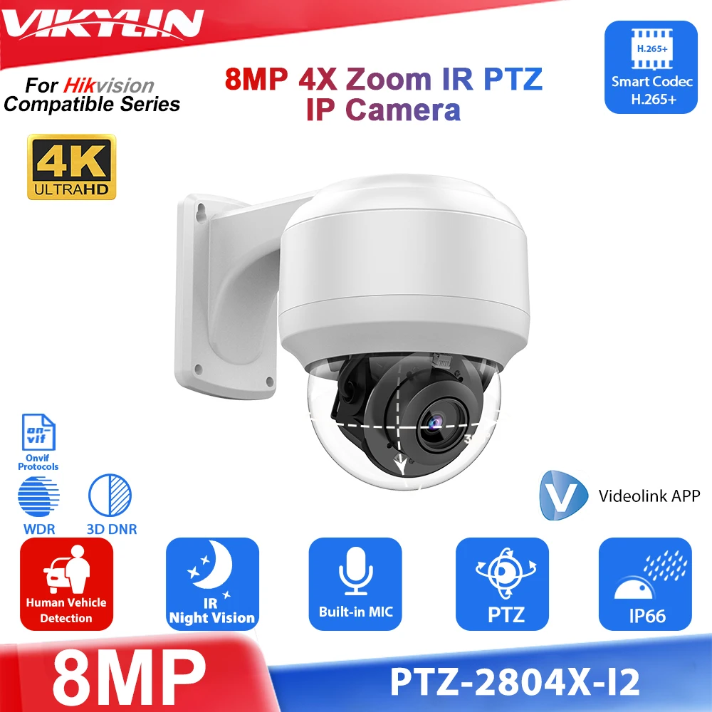 Vikylin Hikvision Compatible 4K 8MP 4X zoom PTZ IR Night Vision Dome IP Camera MD2.0  with MIC Home CCTV Outdoor Security Camera