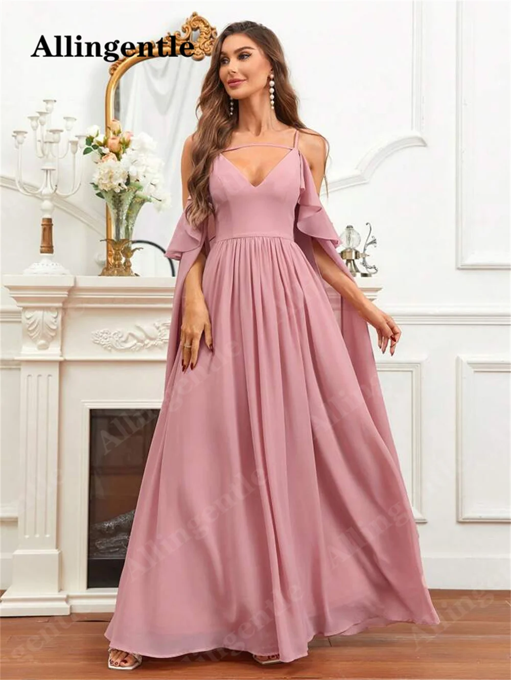 Allingentle Spaghetti Strap V-Neck Bridesmaid Dress 2024 Chiffon Ruffles Sleeves A-Line Prom Gowns Zipper Back vestidos de noche