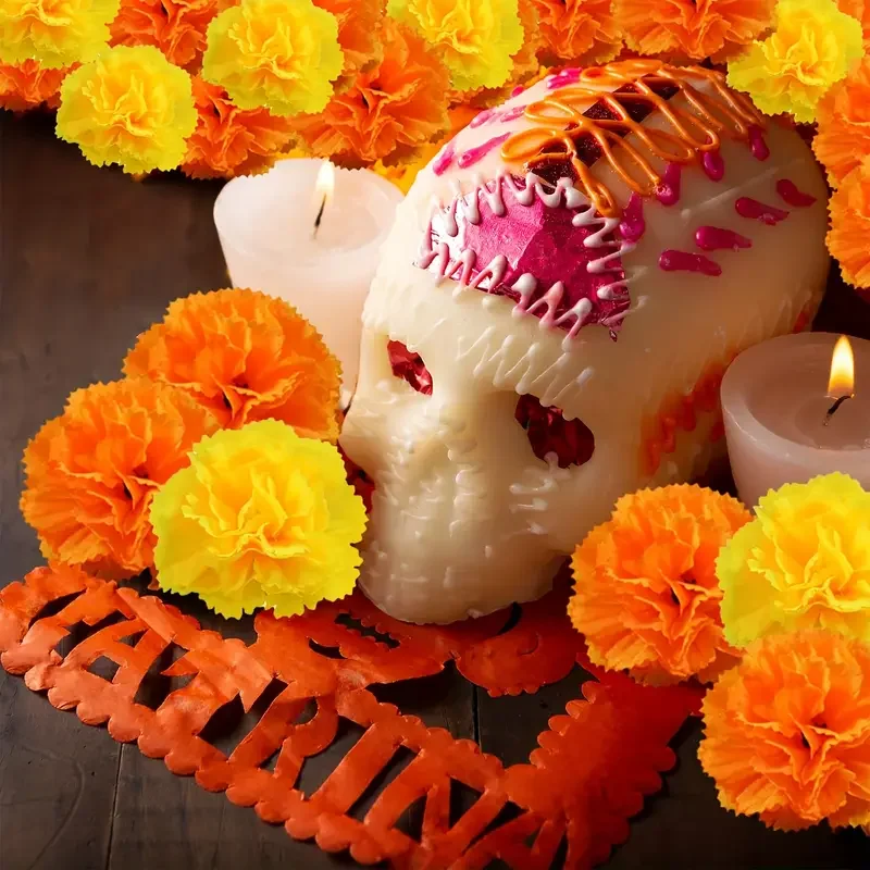 Flores artificiales de caléndula mexicana de 2,17 pulgadas, guirnalda DIY del Día de los muertos, cadena de Halloween, Diwali, fiesta, decoración del hogar al aire libre