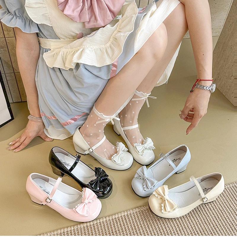 

Cute Butterfly-knot Women Lolita Mary Jane Shoes Concise Thick Heel Leather Shoes Ladies Shallow Pumps Fashion Women High heels