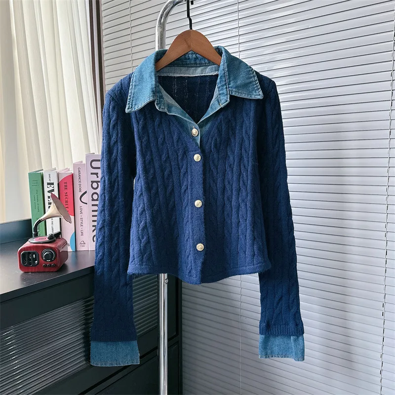 Koreański styl Fałszywy zestaw 2-częściowy dla kobiet Patchwork Dzianinowy Fałszywy dwuczęściowy top Denim Slim Moda Elegancja Top Wiosna Jesień