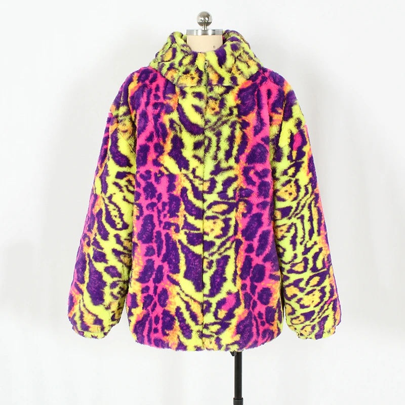 PFHQ Trend Men's Faux Fur Jacket Colorful Leopard Print Plush