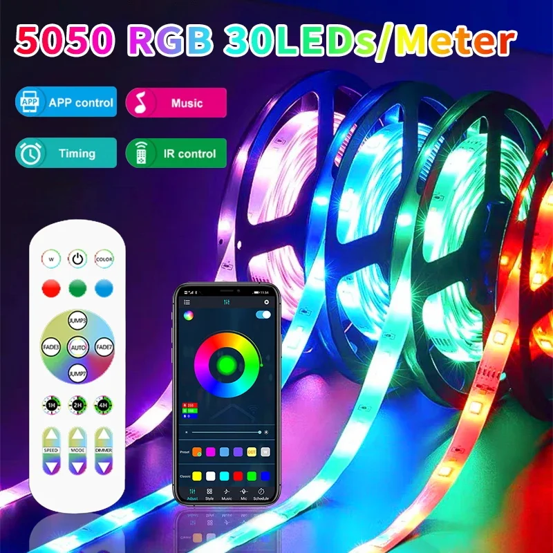 30LED/Meter Bluetooth Led Lights Strips 5050 WIFI RGB Flexible Tape TV Led Ribbon 1M-3M 5M 10M 15M 20M 25M 30M For Bedroom party