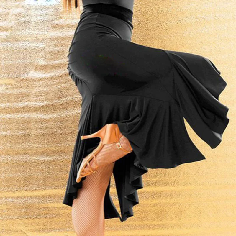 Latin Dance Skirt Women Black Folds Professional Dancing Skirt Of Ladies Flamenco Ballroom Performance Customize Size DN1017