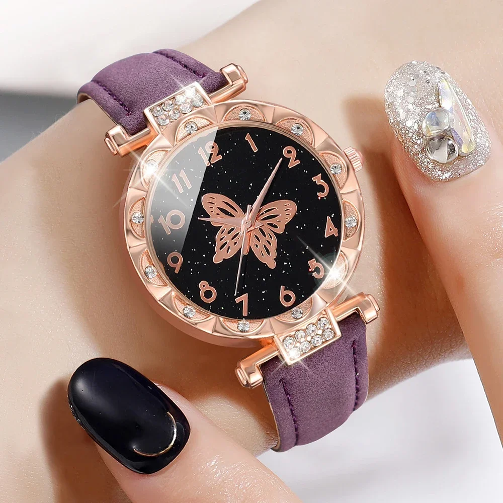 5PCS/Set Purple Women Watch Butterfly Element Black Dial Quartz Wristwatch Frosted Strap Watch Jewelry Set Gift For Girls