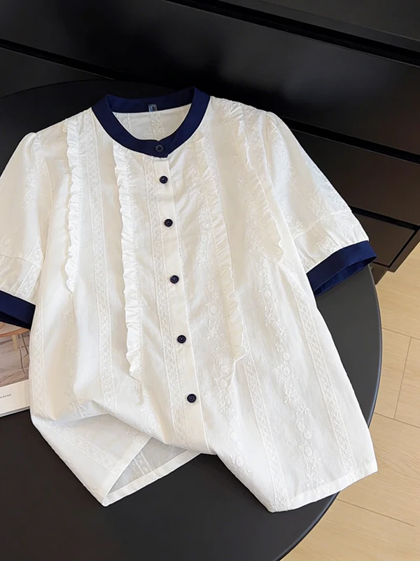 

Summer 2026 plus Size Women's Fashionable Versatile Embroidered Pleated Splice round Neck Short Sleeve Open Cardigan Shirt