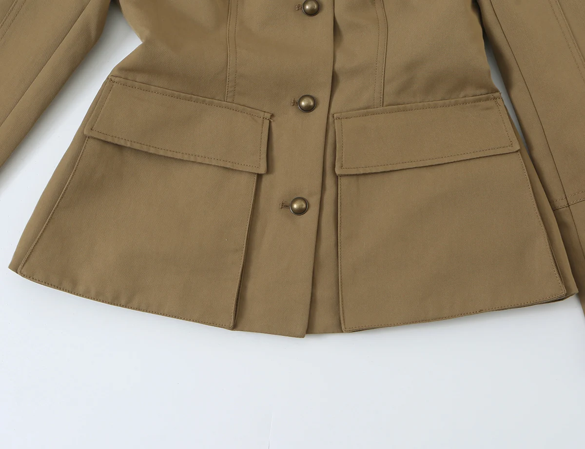 BSAY Herbst Damen Militärstil 2-teiliges Outfit Stehkragen Taschen Slim Jacke Doppelreihige Twill Mini-Shorts Passende Sets – Detail 14