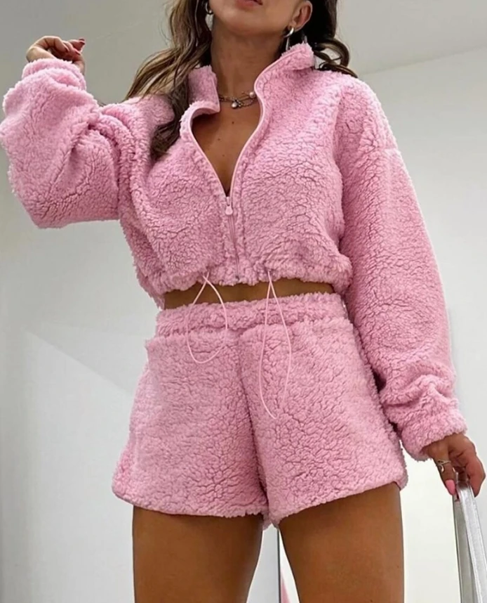 

Women 2 Piece Outfits Tracksuit Zip Up Stand Collar Drawstring Waist Fleece Teddy Crop Sweatshirt High Waist Shorts Sweatsuit