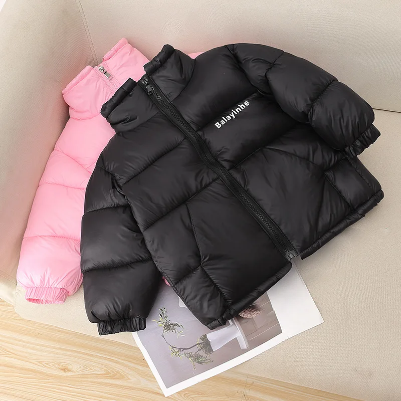 

Girls Winter Warm Thickened Down Coat Boys Solid Color Letter Standing Collar Outerwear Kids Autumn New Casual Fashion Jacket