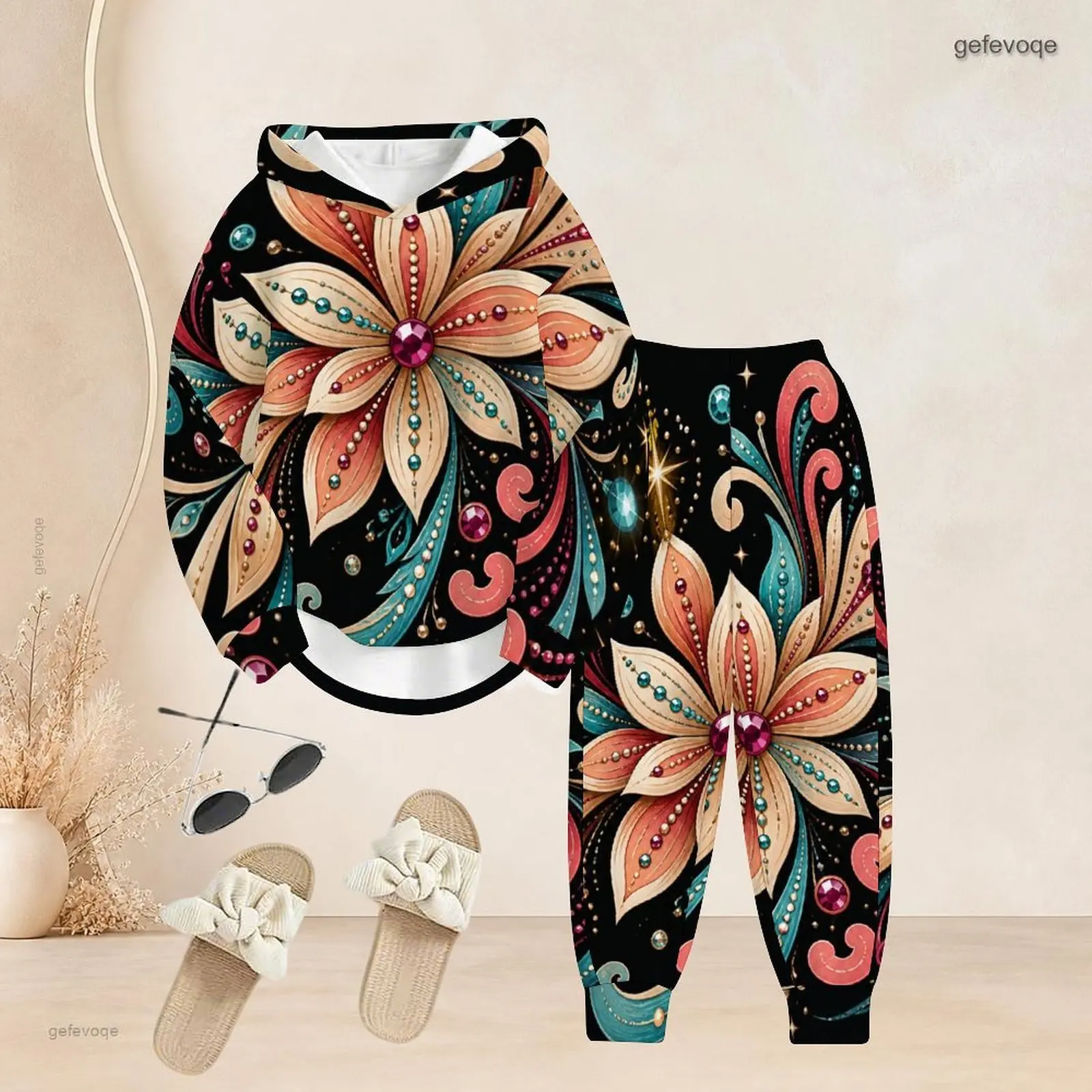 Black Golden Abstract Circular Swirl Printed Long Sleeve Hoodie Cuffed Pants Two Piece Set