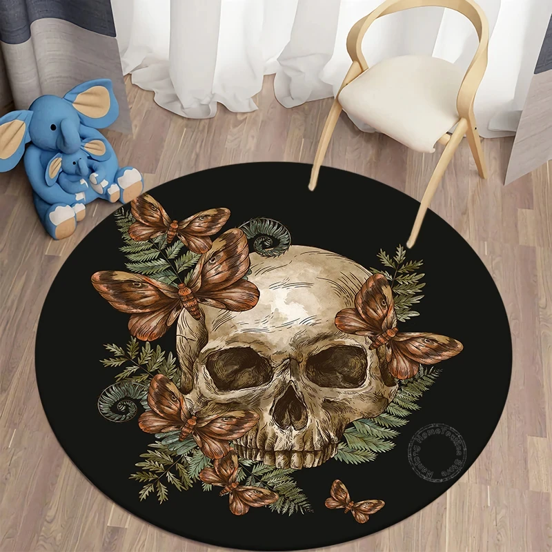 Mysterious Skull Head Flower Round Rug Gothic Skeleton Carpet for Home Living Room Bedroom Fashion Chair Rugs Non-slip Floor Mat