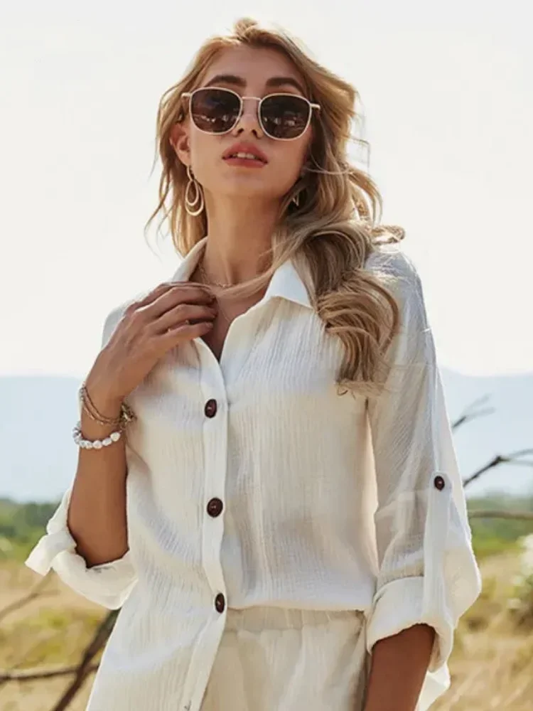 حجم كبير جديد الصيف بلايز عادية زر المرأة رفض طوق كم طويل بلون قمصان بسيطة مكتب سيدة أنيقة Blusas #2