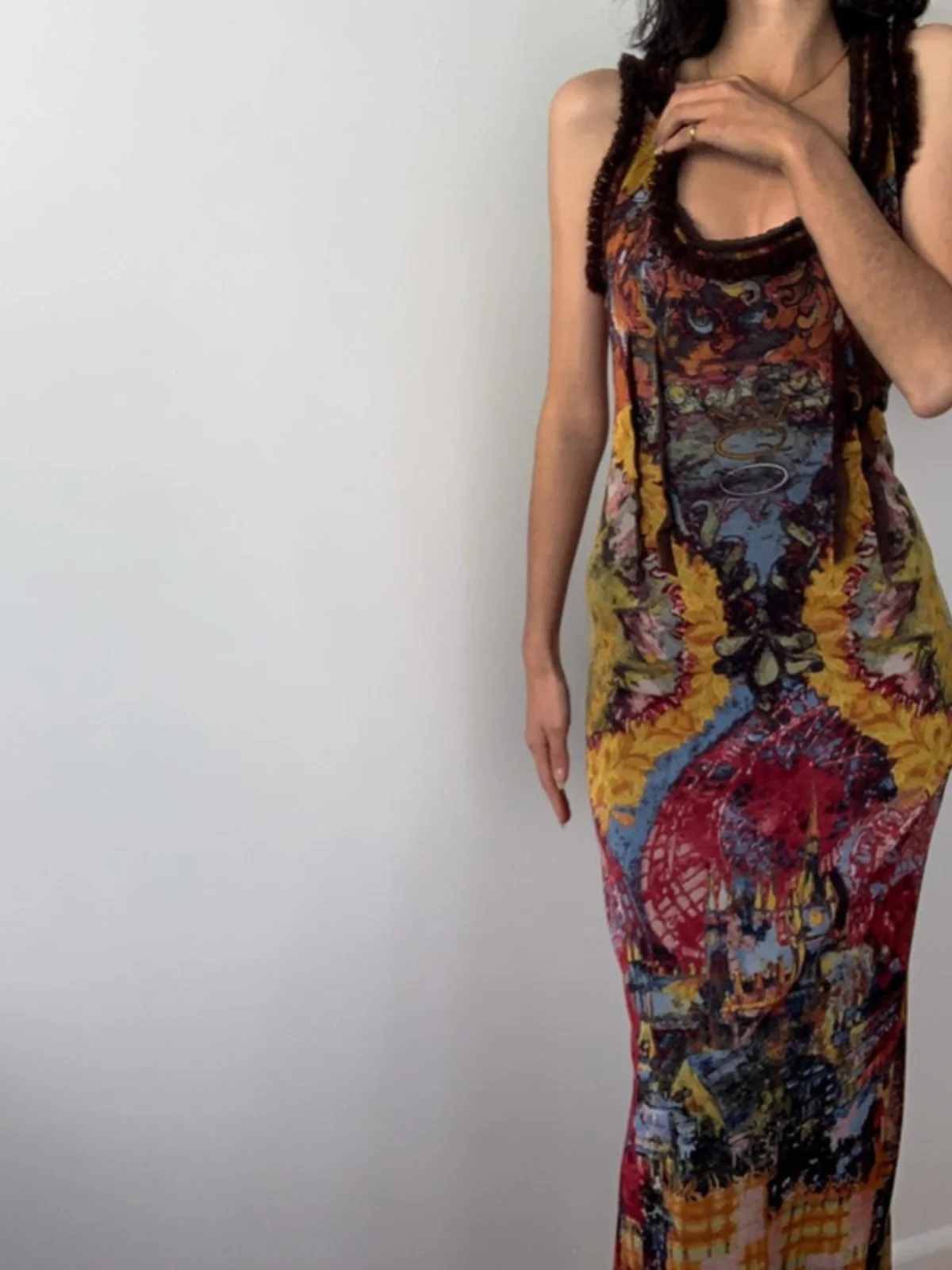 

European and American Fashion Retro Sleeveless Tie-Dye Printed Long Dress Hot Girl Hollow out Strap