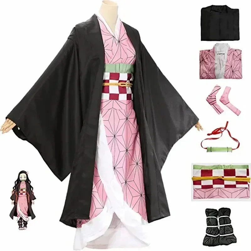 Anime Nezuko Cosplay Kamado Nezuko Cosplay Costume Nezuko Wig Uniform with Props for Adult Kids Halloween Carnival Costumes