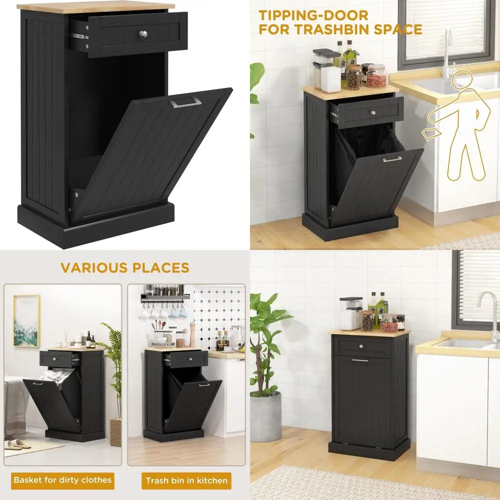 

Free Standing Tilt-Out Trash Bin Cabinet with Drawer for Kitchen Recycling and Waste Management in Black