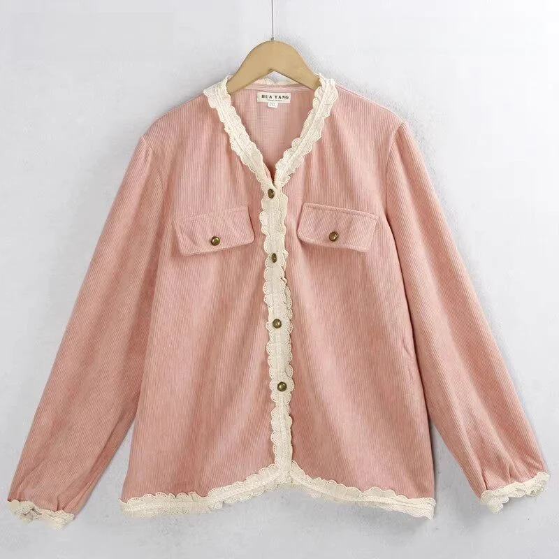 

Casual Style Long Sleeve Knitted Cardigan Women's plus Size Color Buttoned Lace Trim Outerwear Slimming Effect
