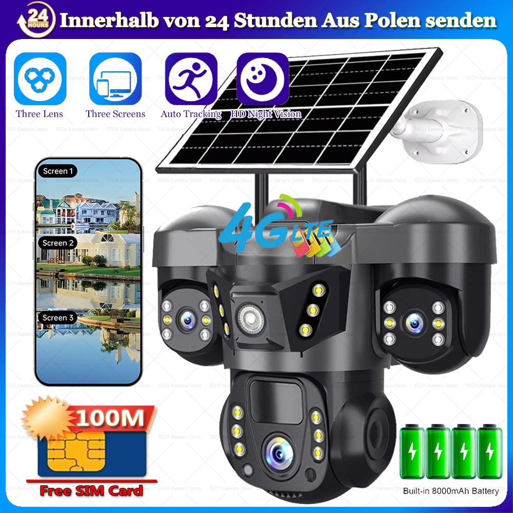4G Solar-Kameras mit SIM-Karte, 100M Daten, IP-WLAN, Smart Home Sicherheitsschutz, CCTV-Kamera für Außenbereich, Wasserdicht, Nachtsicht, 360° Überwachung, 4G-Kamera