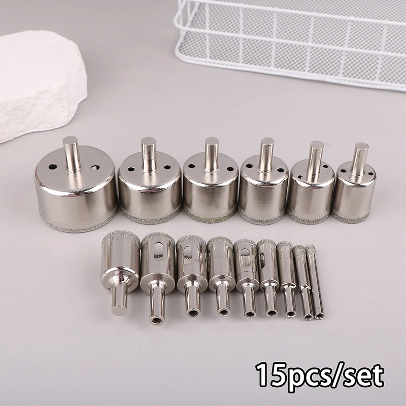 15pcs/set Diamond Coated Hole Saw Drill Bit Cutter Core Shaft Tool Kit Glass Marble