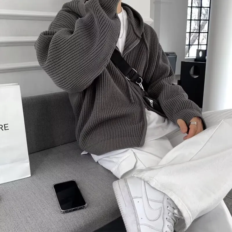 

Зимний вязаный открытый кардиган с капюшоном на молнии, корейский повседневный модный свитер, мужской свободный крой, теплый длинный све