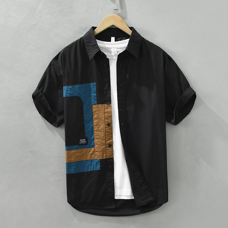 

Fashion Men's Short Sleeve 100% Cotton Shirts 2026 Summer Youth Streetwear Slim Fit Single Breasted Coat Clothing Top Tee-Shirts