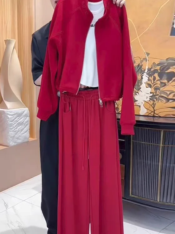 

Красный винтажный кардиган-жакет и широкие брюки: повседневный спортивный комплект из двух предметов, осень 2025, модный женский костюм больших размеров
