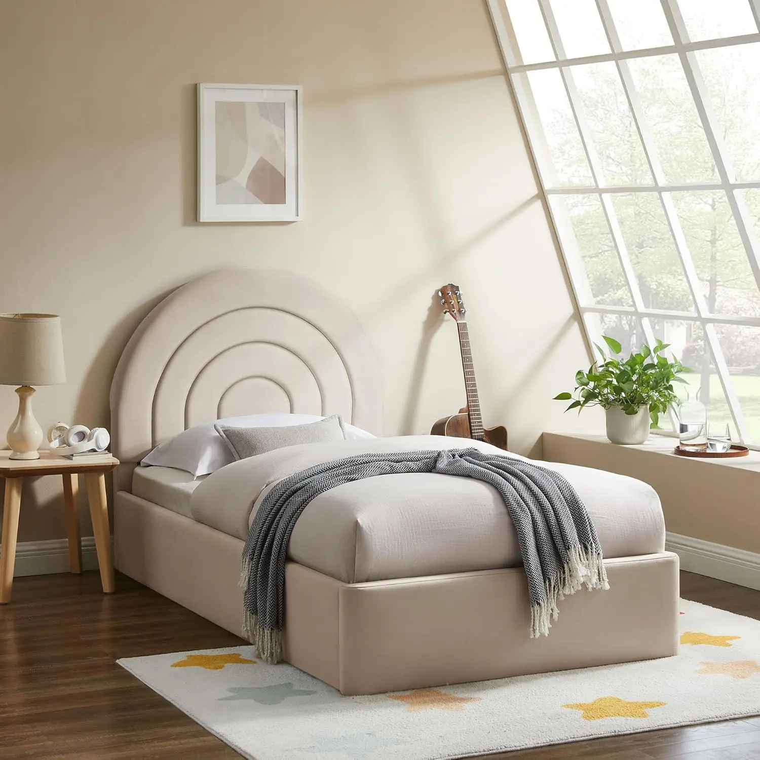 Modway Solana Twin Size Performance Velvet Platform Bed In Almond – Upholstered Bed Frame With Soft Arch Shaped Padded