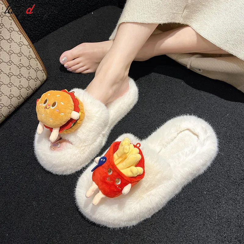 Novel Cute burger fries Slippers Winter Women Faux Fur Warm Flat Slippers Fluffy House slippers Women Cotton Slippers Girls Gift