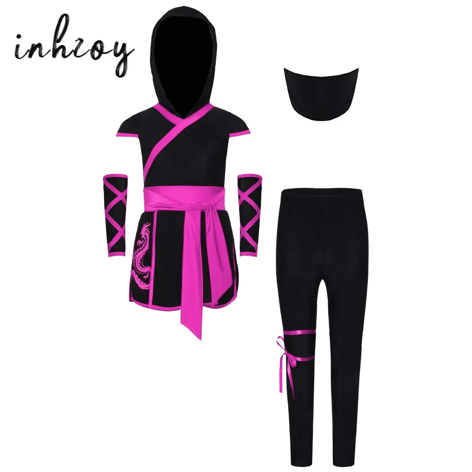 

Unisex Kids Ninja Cosplay Costumes Hooded Tops Waist Wide Sash with Gloves Elastic Pants And Tie-Up Mask Suit for Halloween Wear