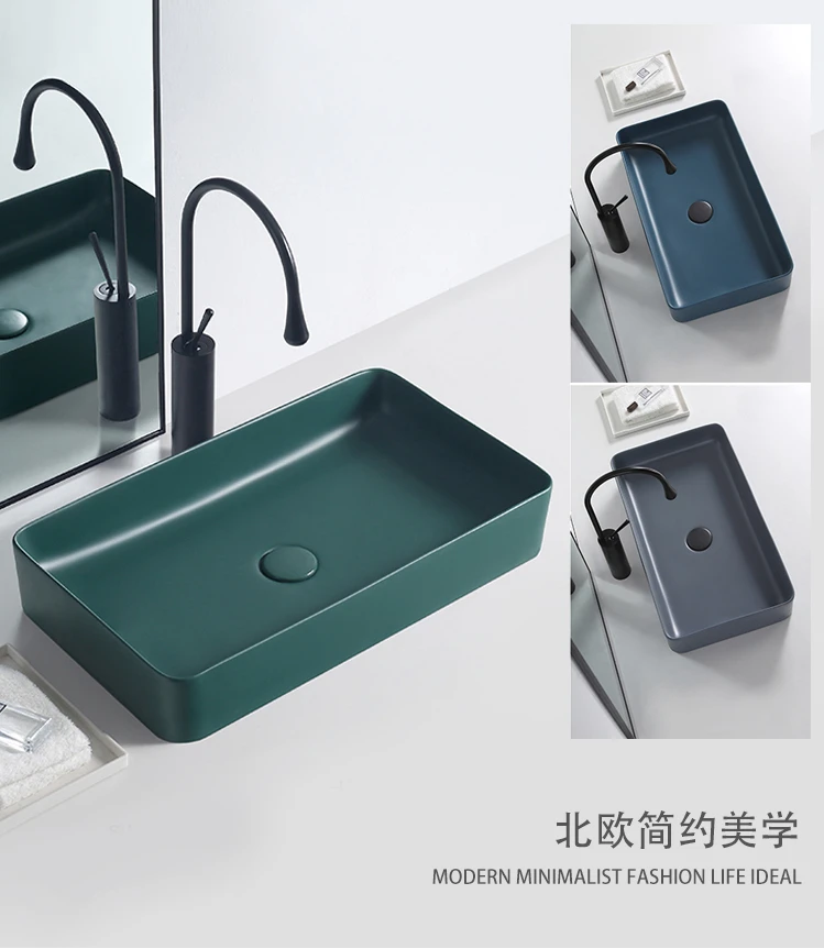 

Nordic matte tabletop basin, household washbasin, single basin, blue gray ceramic sink, square washbasin