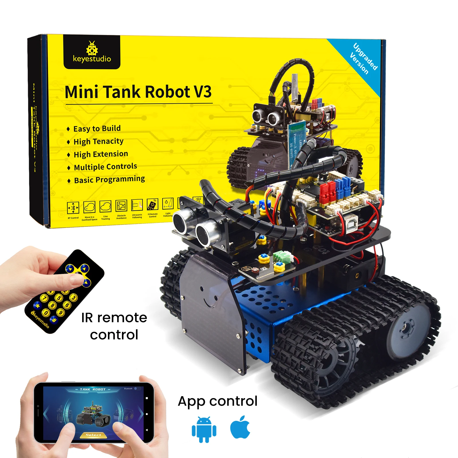 KEYESTUDIO Programmable Mini Tank Robot Car Kit For Arduino Robot DIY Automation STEM Kit Kids EDU Toys IR Remote/App Control