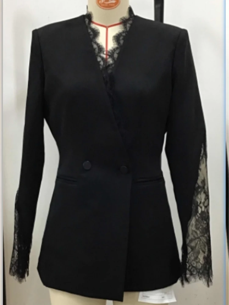 

Chic Suit Jackets for Women Elegant Temperament High-end Double Breasted Commuter Slim Fit Blazers Lace Splicing Suit Jacket