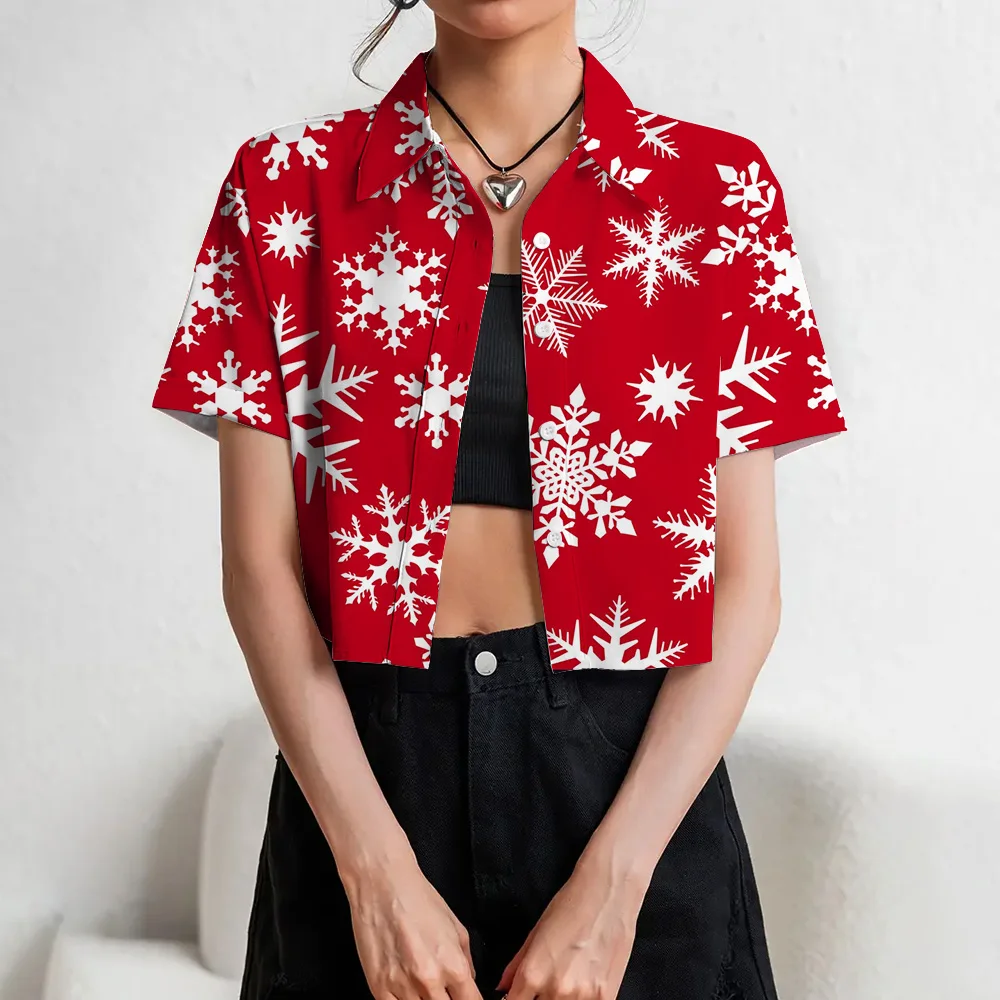 Christmas Women Clothing Snowflakes 3d Printed Button Navel Exposed Shirts Fashion Short Sleeve Lapel Shirts Sexy For Young Gril