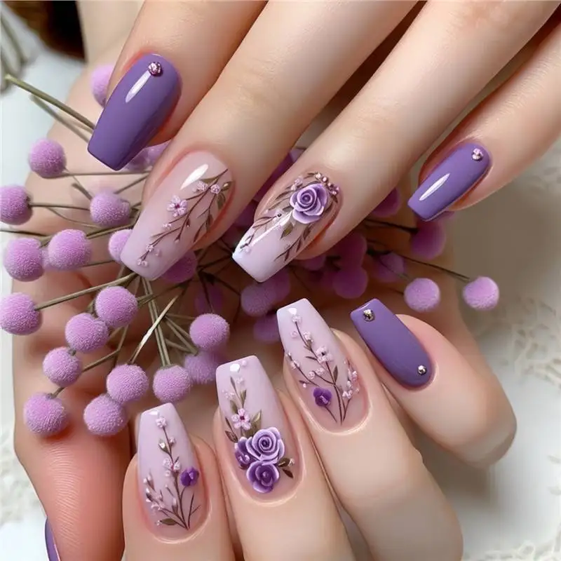 

24PCS Square Fake Nails Wearable Armor Sweet Romantic Flowers Diamond Violet Rose Medium Ballet Press on False Nails for Women