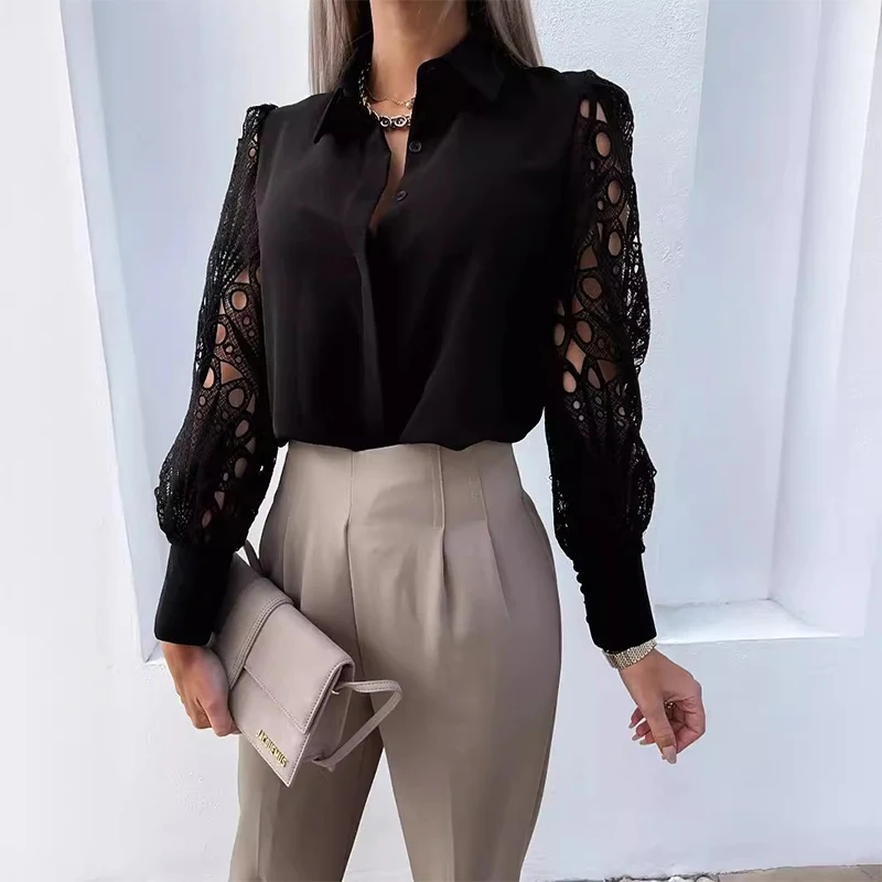 

Solid Color Lace patchwork Shirts Long Sleeve Button Lapel Tunic Offic Tops Elegant Office Women Blouse 2024 New T-shirt