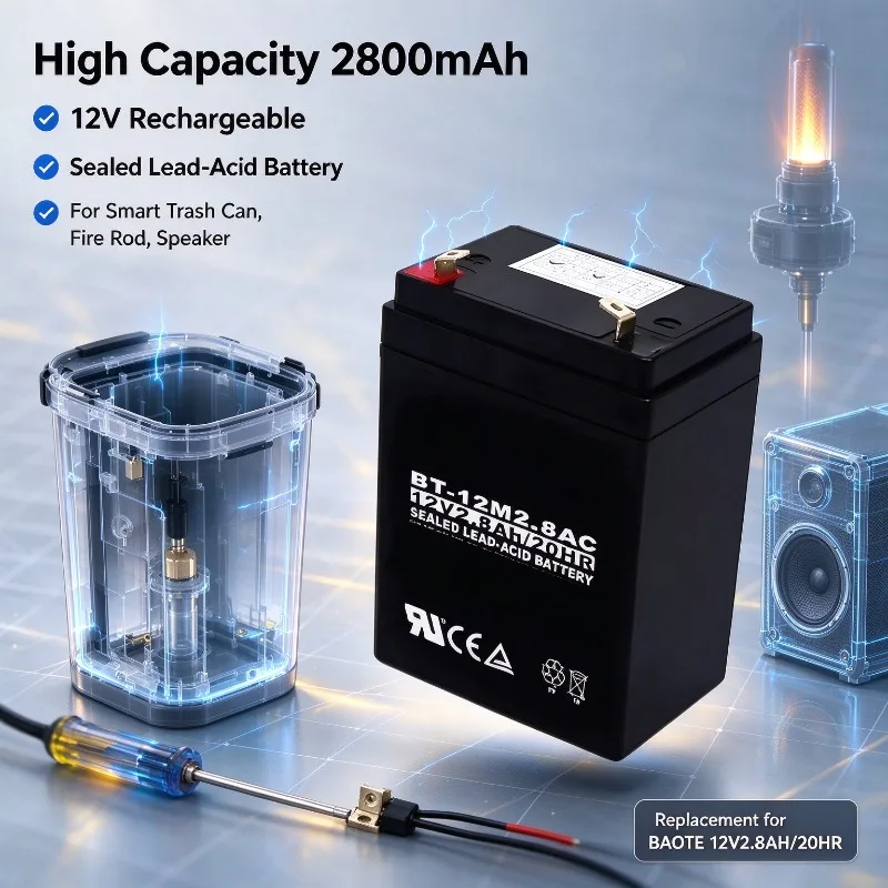 BT-12M2.8AC 12V 2800mAh Rechargeable Replacement Battery for BAOTE 12V2.8AH/20HR, Smart Trash Can, Fire Rod, Speaker